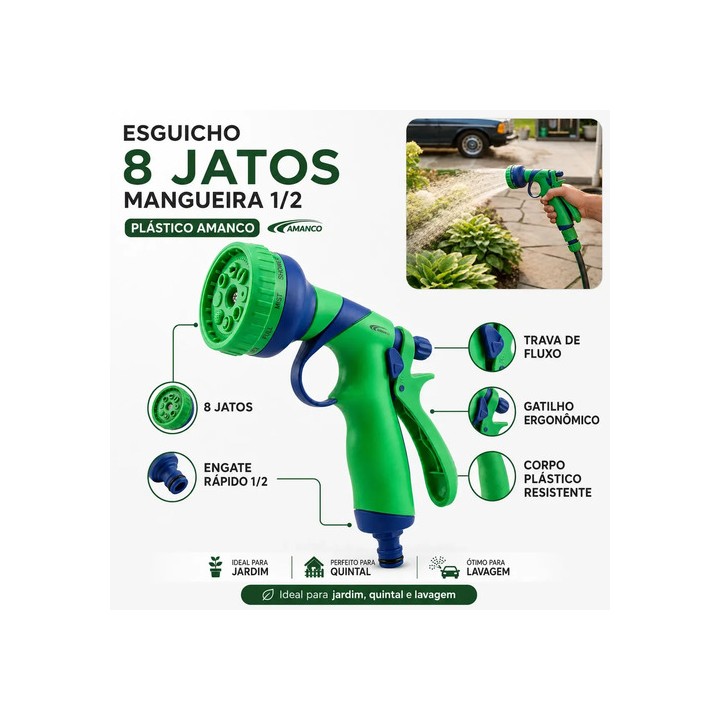 Esguicho 8 Jatos Mangueira 1/2 Engate Rápido Plástico Amanco