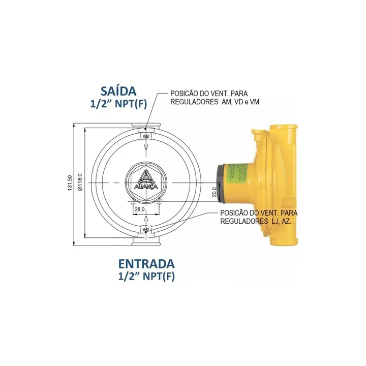 Regulador Gás Aliança 76511 Amarelo 12kg/h Estagio Unico