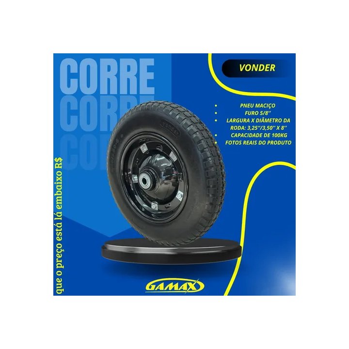 Roda Maciça Completa 3,25''/3,50 X 8'' Furo 5/8'' Vonder Prateado