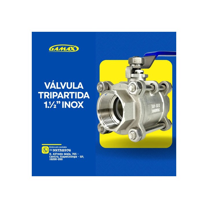 Válvula Registro Esfera Tripartida Inox 1.1/2 Pol Bsp Gamax