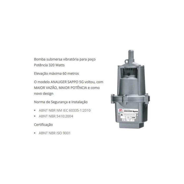 Bomba Submersível Anauger Sappo Extreme 380w Vibratória 220v 220v