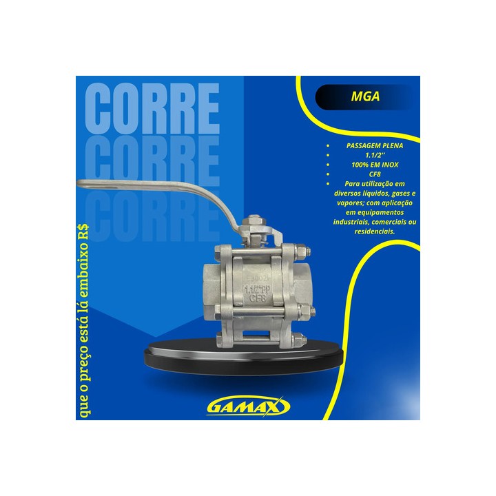 Válvula Tripartida Mga 1.1/2'' Inox Esfera 2 Vias
