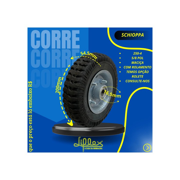 Roda De Borracha Completa Maciça 250-4 Com Rolamento 5/8 Pol Preto