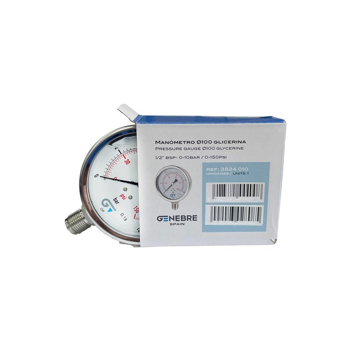 Manômetro Genebre 1/2'' Bsp 0-10 Bar / 0-150 Psi Glicerina
