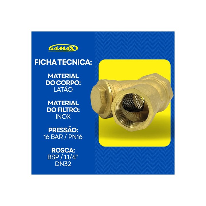 Filtro Y Latão 1.1/4 Polegada Dn32 Pn16 Tela Inox - Gamax