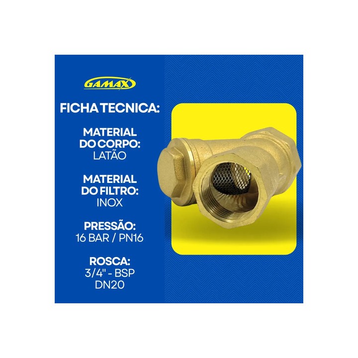Filtro Y De Latão Gamax 3/4 Dn20 Com Tela Em Inox