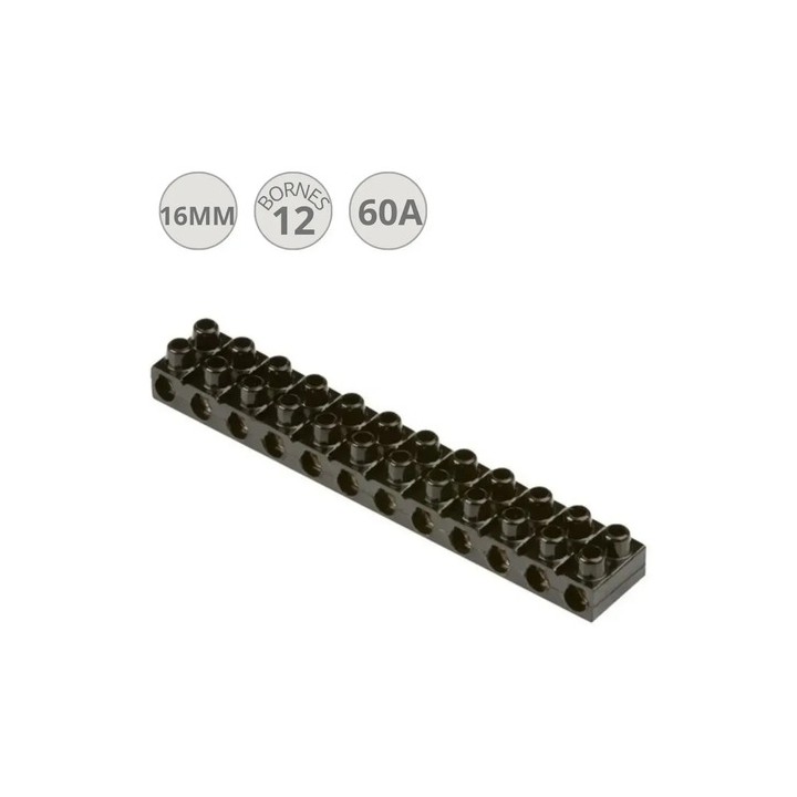 Conector Barra Sindal De Baquelite Preto, 12 Bornes Para Fios Até 16mm