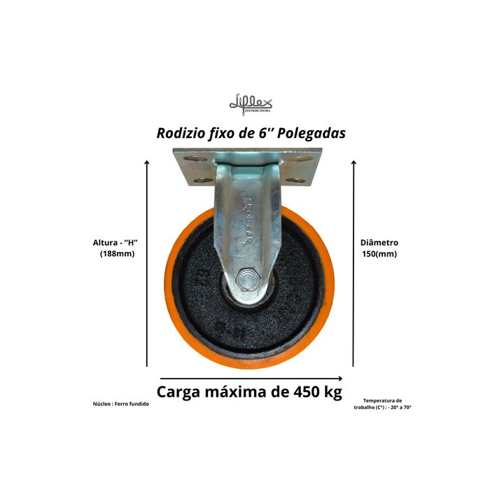 Rodizio Fixo Poliuretano Rod Car 6 Polegadas Base Fixa 450kg Preto E Laranja